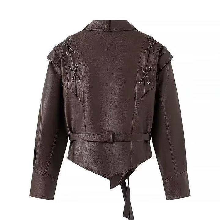 Dam kort blazer läder jacka med Shawl krage, midjebälte och Lacing Detail