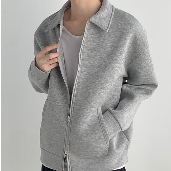 Herr Dragkedja Sweat Jacka med Skjortkrage och Oversized Skärning