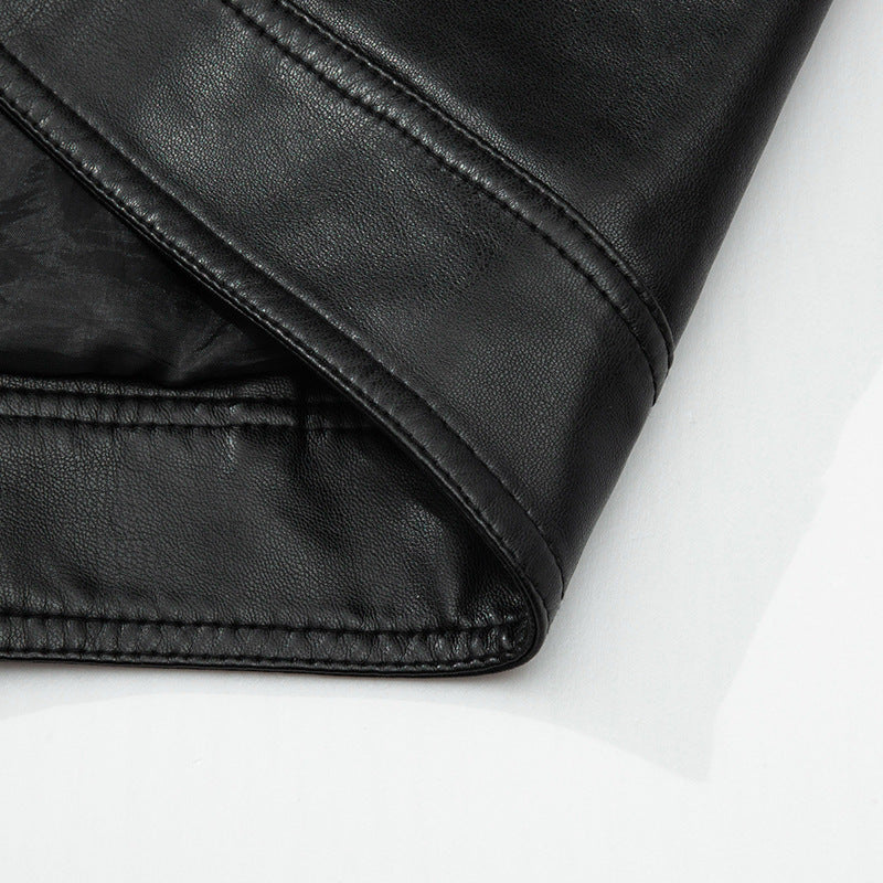 Herr Slim-Fit Konstläder Zip Jacka med Ståkrage och Söm Panels