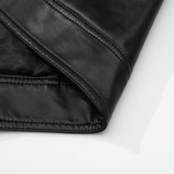 Herr Slim-Fit Konstläder Zip Jacka med Ståkrage och Söm Panels