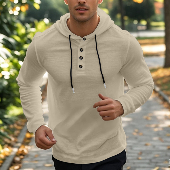 Herr Ledig Luvtröja i Henley Stil med Knapplist och Adjustable Dragsko