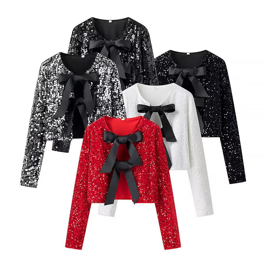 Dam sparkling cropped bolero jacka med sequin kant och decorative satin bows
