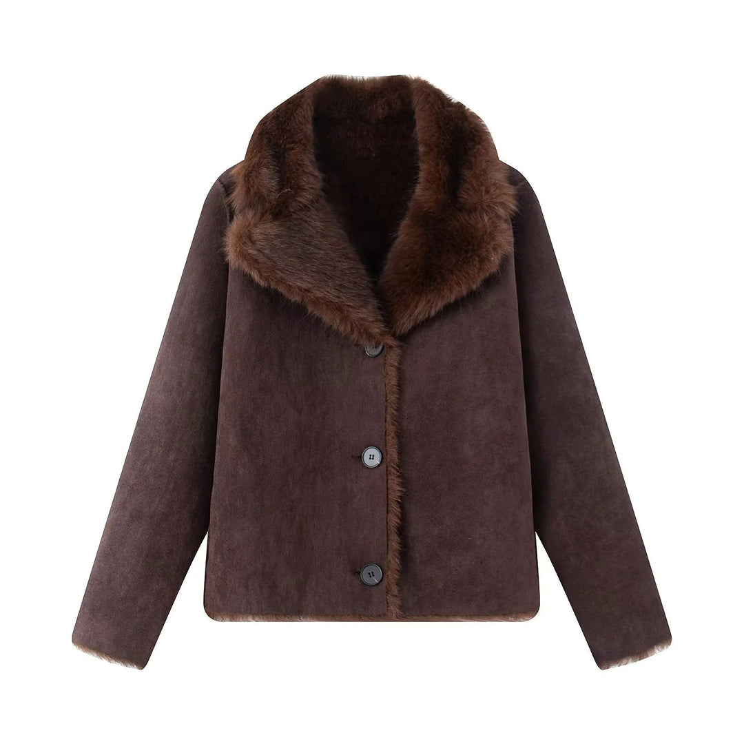 Dam nano kort sheepskin-look jacka med voluminous sjalkrage och concealed knäppning