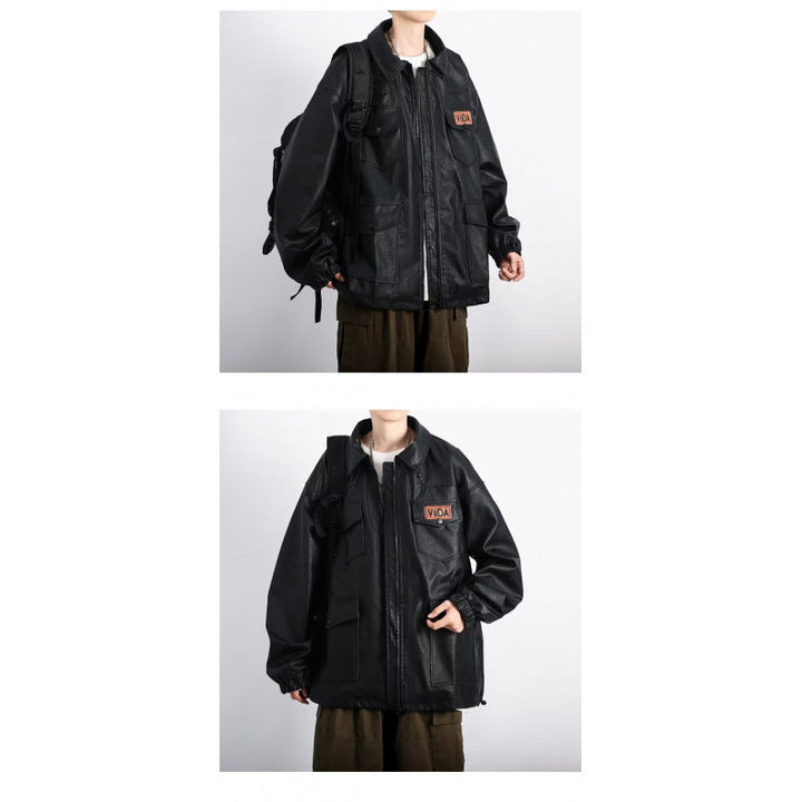 Unisex oversize Utility konstläder jacka med Multiple Flap fickor