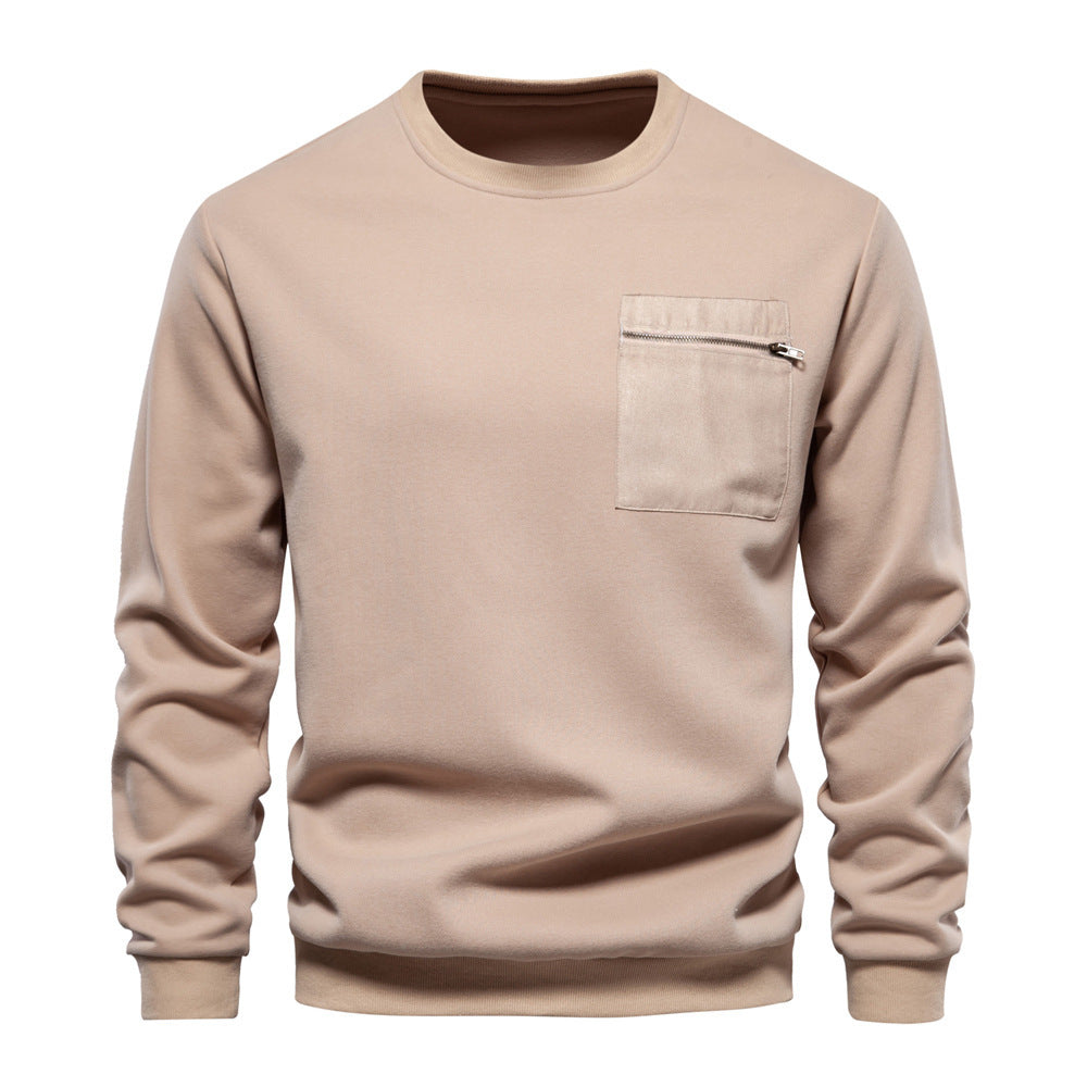 Herr Nano College-Tröja med Round Neck, Lapp Bröstficka med Horizontal Dragkedja och Ribbad Fåll