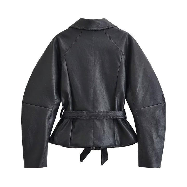 Dam skräddad läderlook jacka med knytband och Raglan ärmar