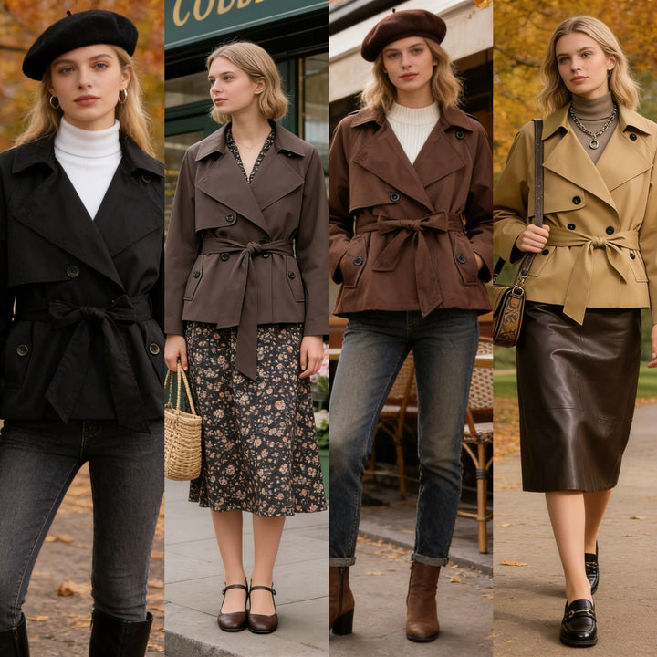 Dam Kort Midjebälte Trenchcoat med Breda Slag och Lockfickor