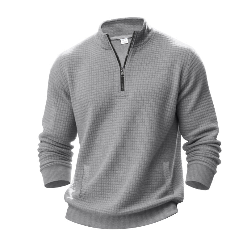 Herr Waffle Texture Halv Dragkedja Pullover med Ståkrage och Subtle Sidofickor