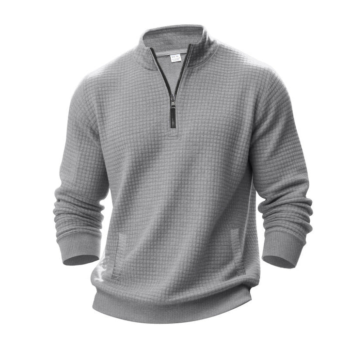 Herr Waffle Texture Halv Dragkedja Pullover med Ståkrage och Subtle Sidofickor