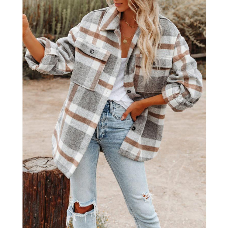Dam Oversize Check Shirt jacka med bröstfickor och mjuk Flannel