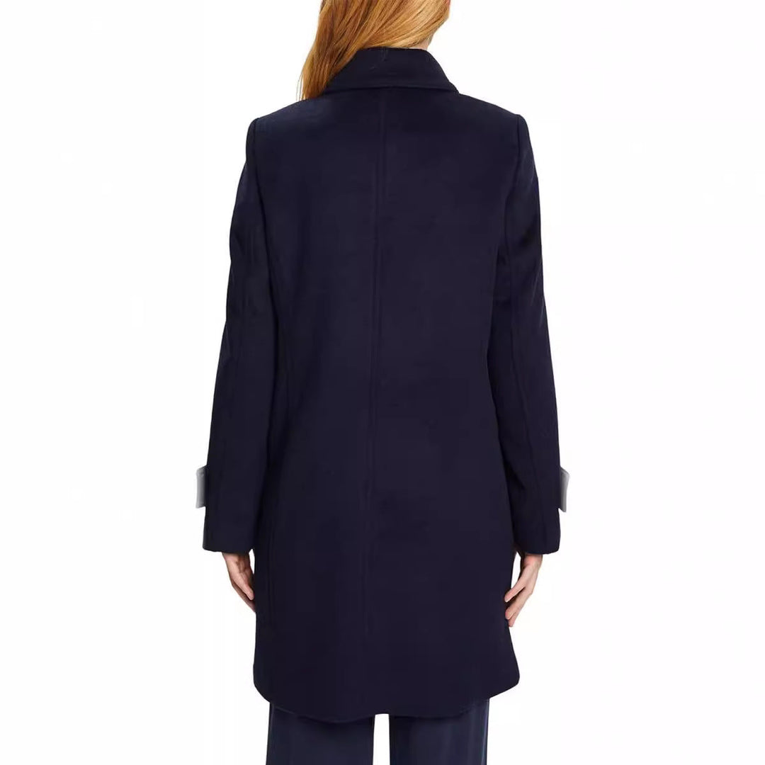 Dam Mid-length Double-breasted marinblå-inspired ull-blend Peacoat med Flap fickor