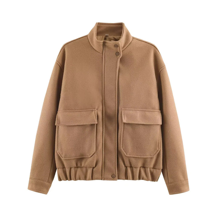 Dam kort-skärning boxy ull blouson med ståkrage, elastic waistband, och stor patch flap fickor