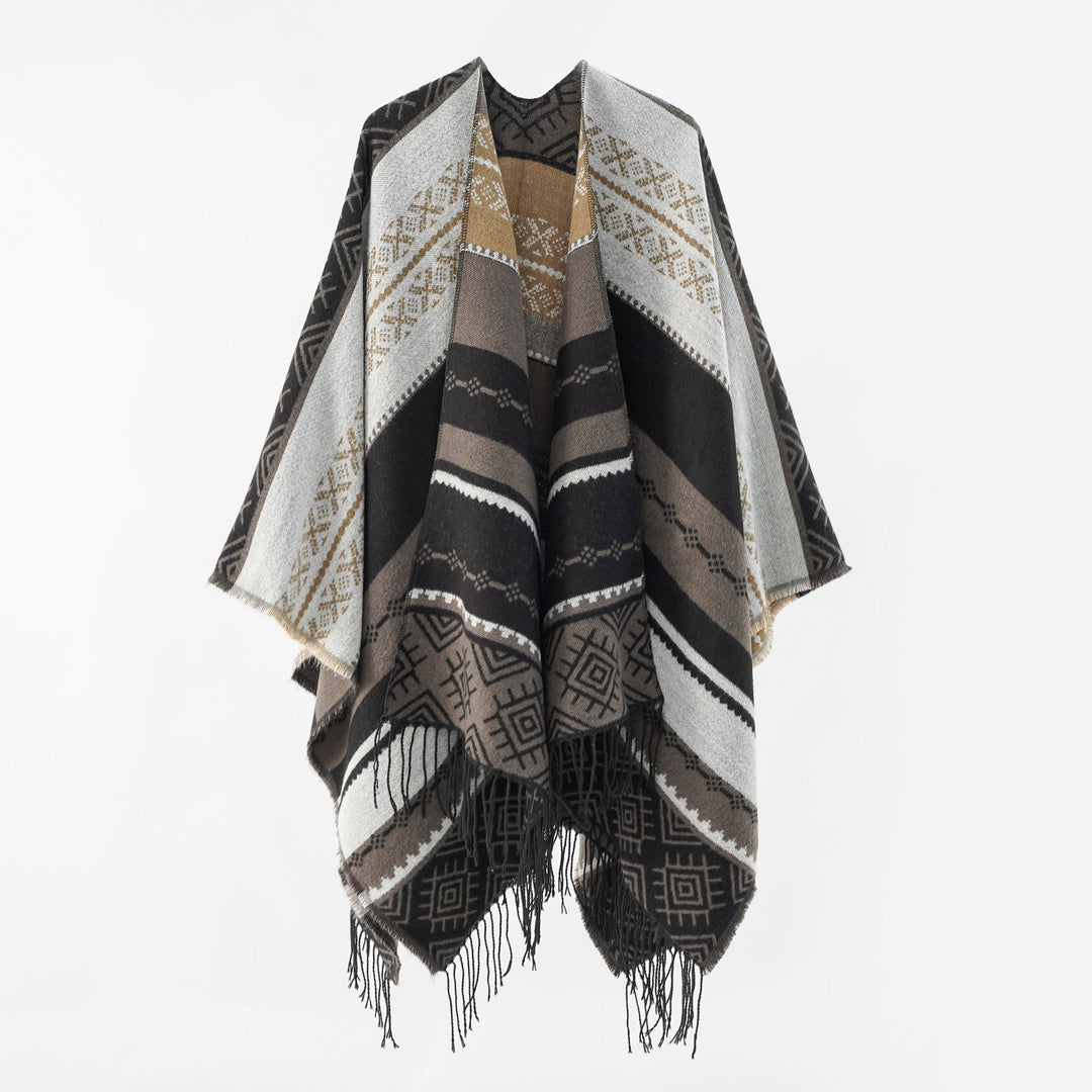 Dam Woven Jacquard poncho med Geometric Ethno mönster och Fringed fåll