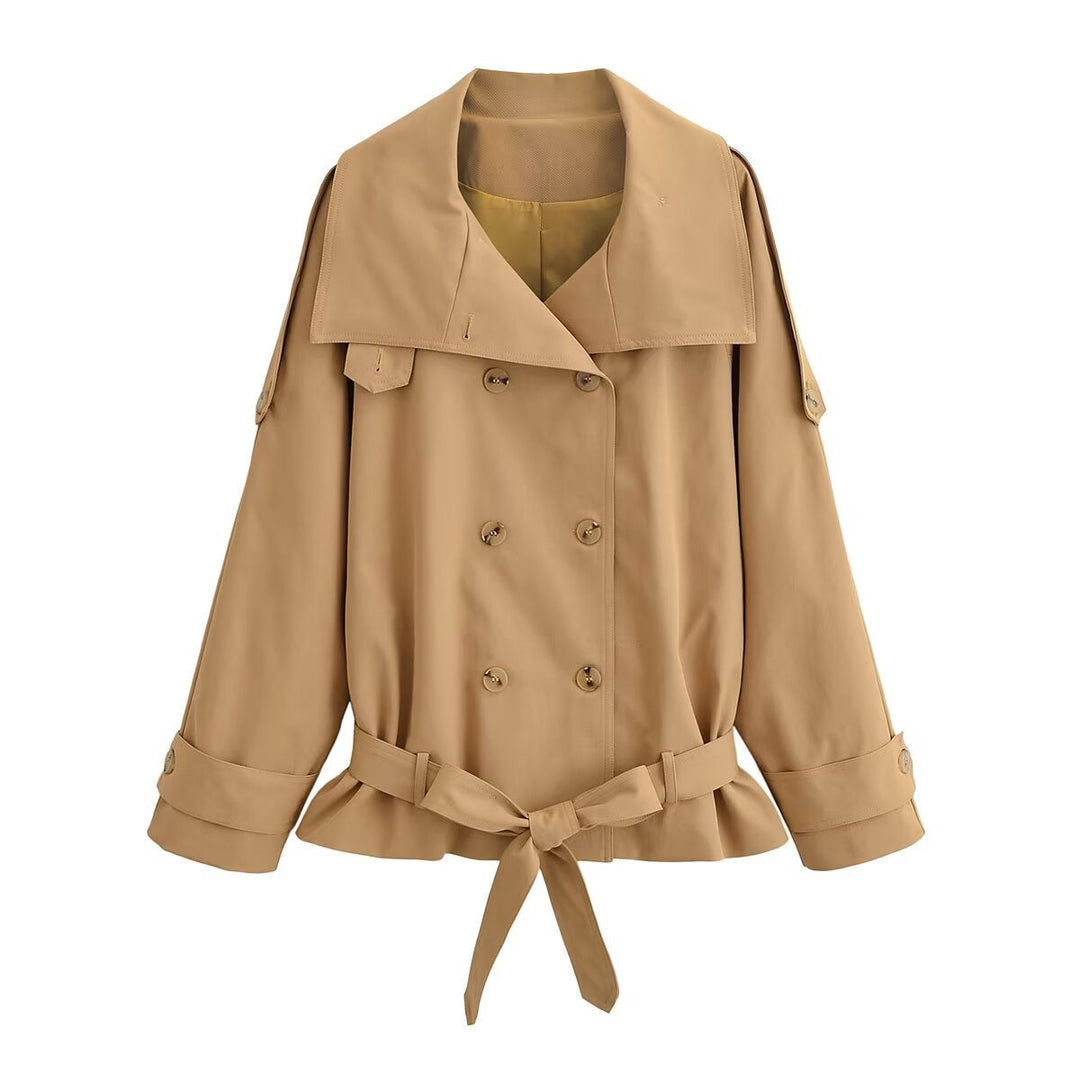 Dam Kort Double-Breasted Trenchcoat med Peplum och Ties