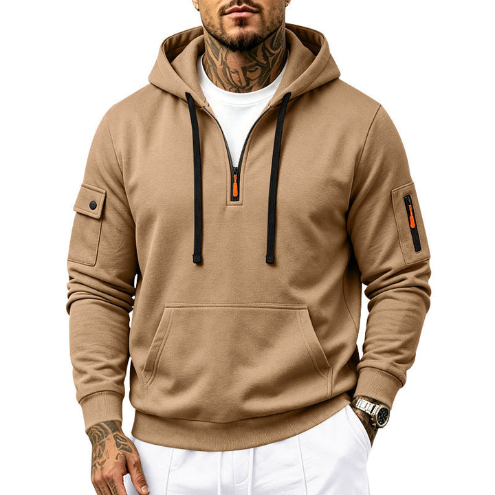 Herr Utility Halv Dragkedja med Huva Pullover med Ärm Fickor och Känguruficka