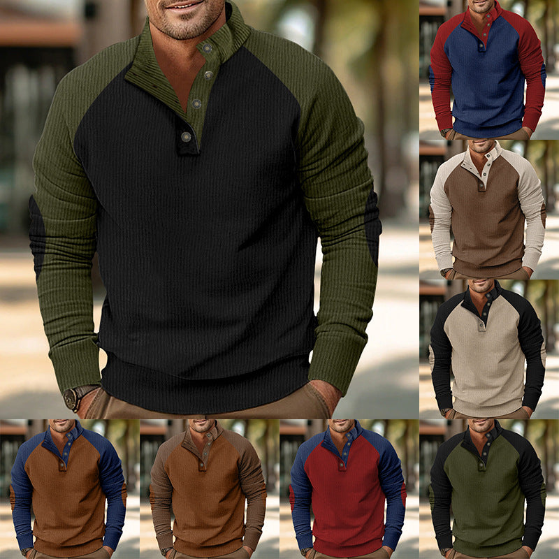 Herr Warmer Waffle Texture Henley Pullover med Contrast Raglanärmar &amp; Ståkrage