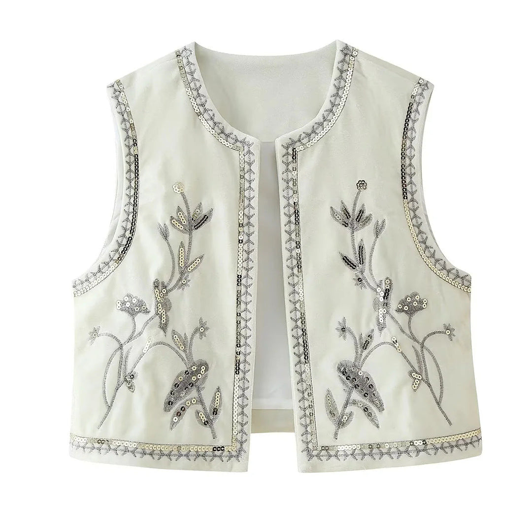 Dam embroidered velvet väst med sequin floral decoration, öppen front och decorative kant