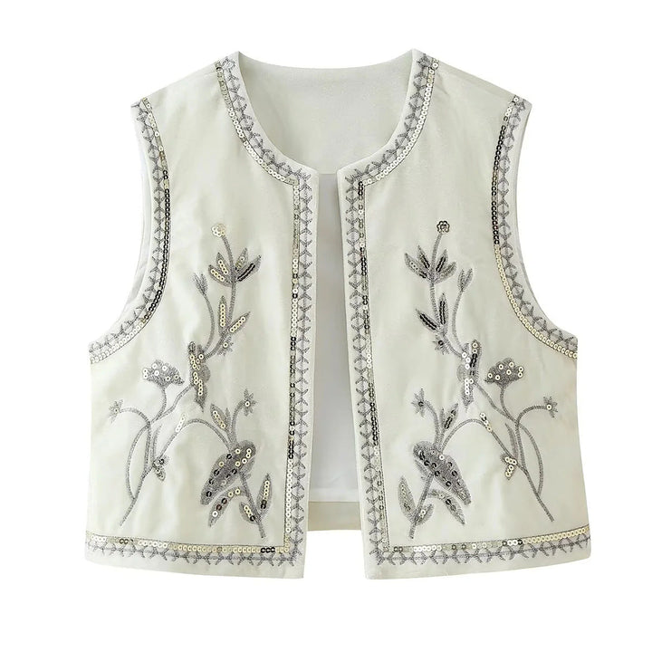 Dam embroidered velvet väst med sequin floral decoration, öppen front och decorative kant
