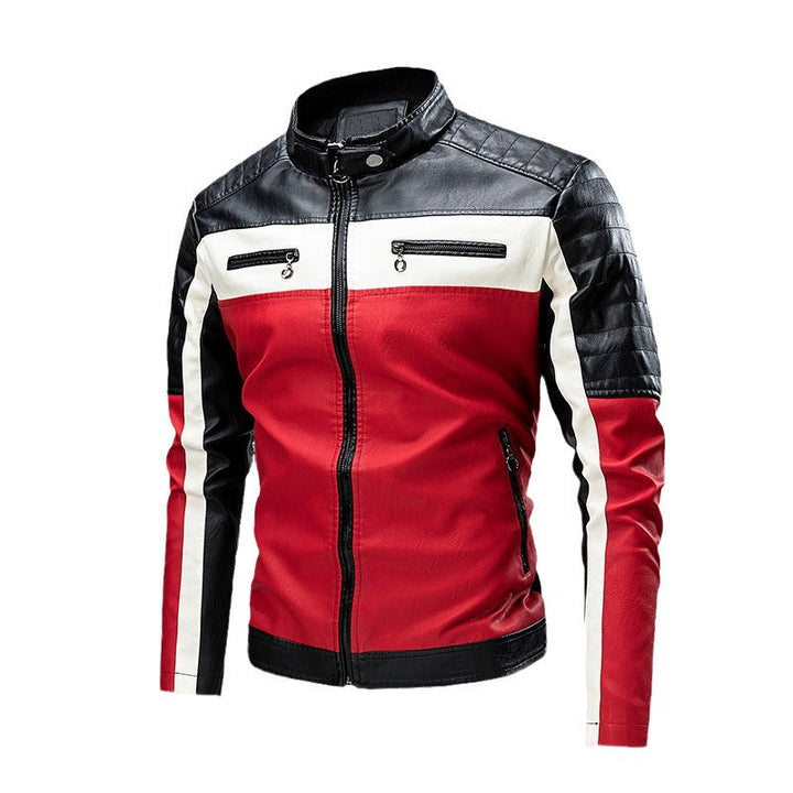 Herr biker läder jacka i colorblock design med vadderad axel section och ståkrage