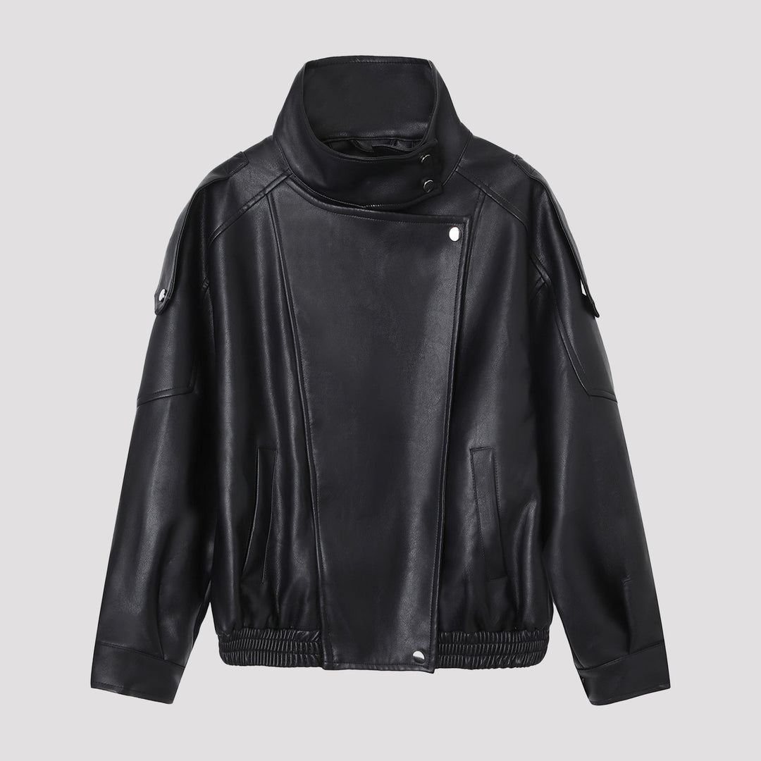 Dam oversize konstläder jacka med hög ståkrage och Asymmetric Placket