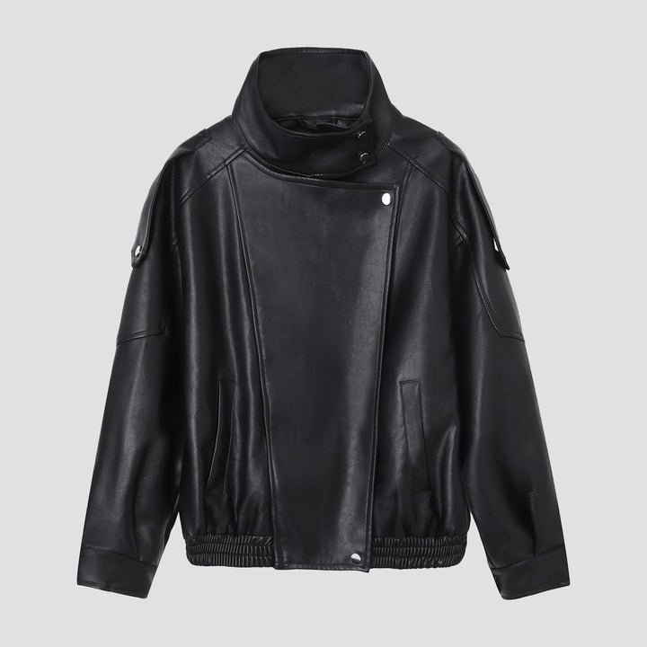 Dam oversize konstläder jacka med hög ståkrage och Asymmetric Placket