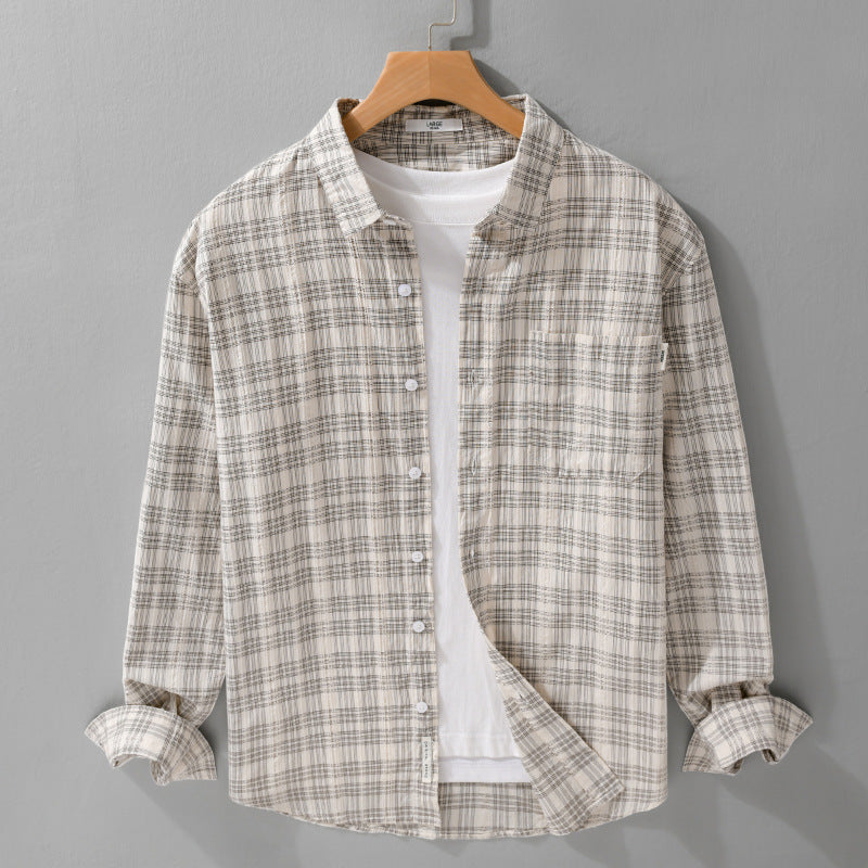 Herr Rutig Bomull Overshirt i Avslappnad Passform med Bröstficka och Soft-Touch