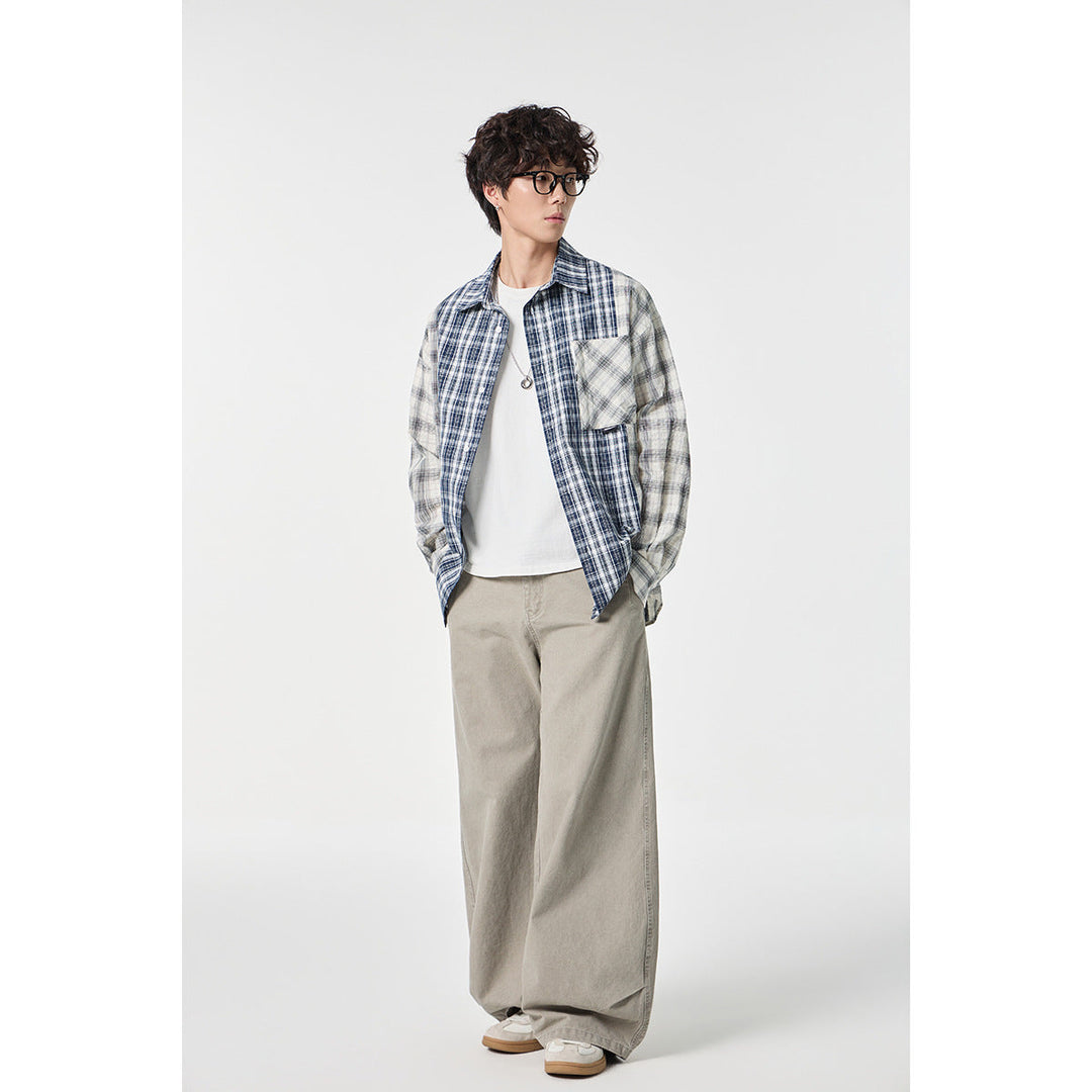 Unisex Rutig Overshirt i Patchwork Look med Bröstficka