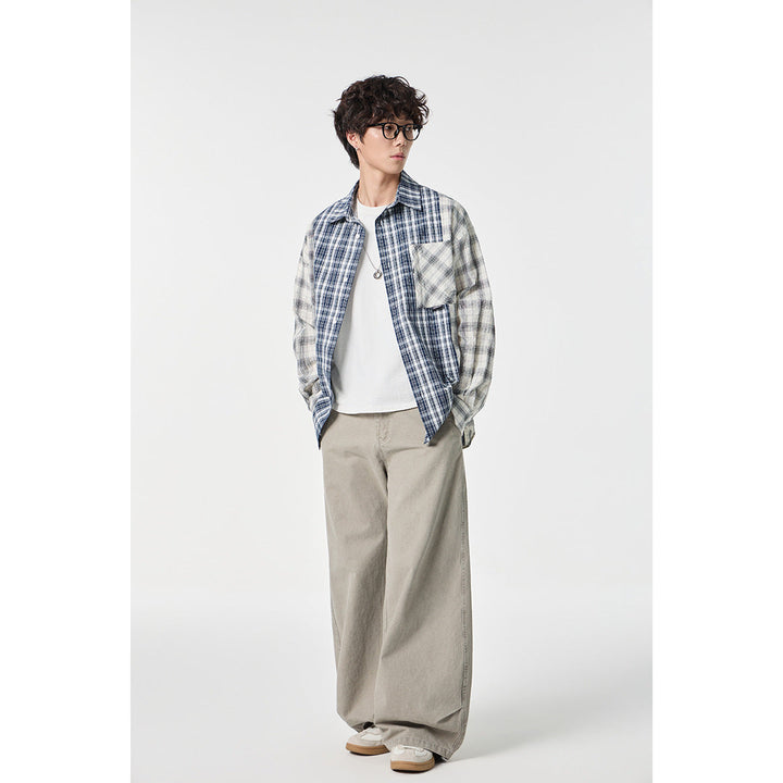 Unisex Rutig Overshirt i Patchwork Look med Bröstficka