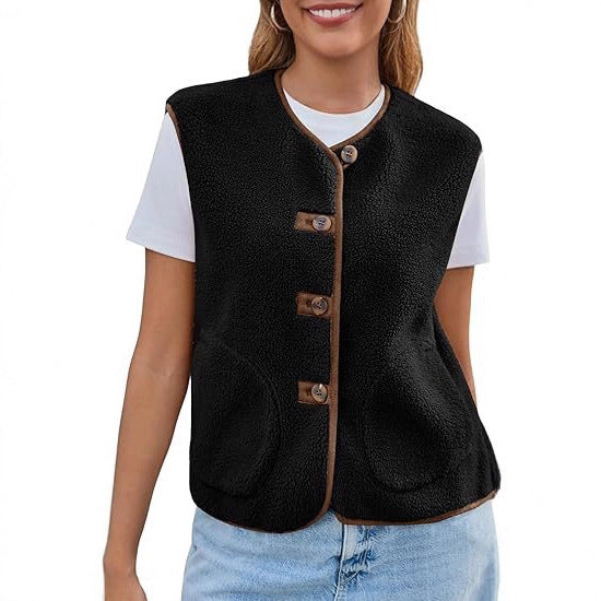 Dam teddy fleece väst med round neck och knapp stängning