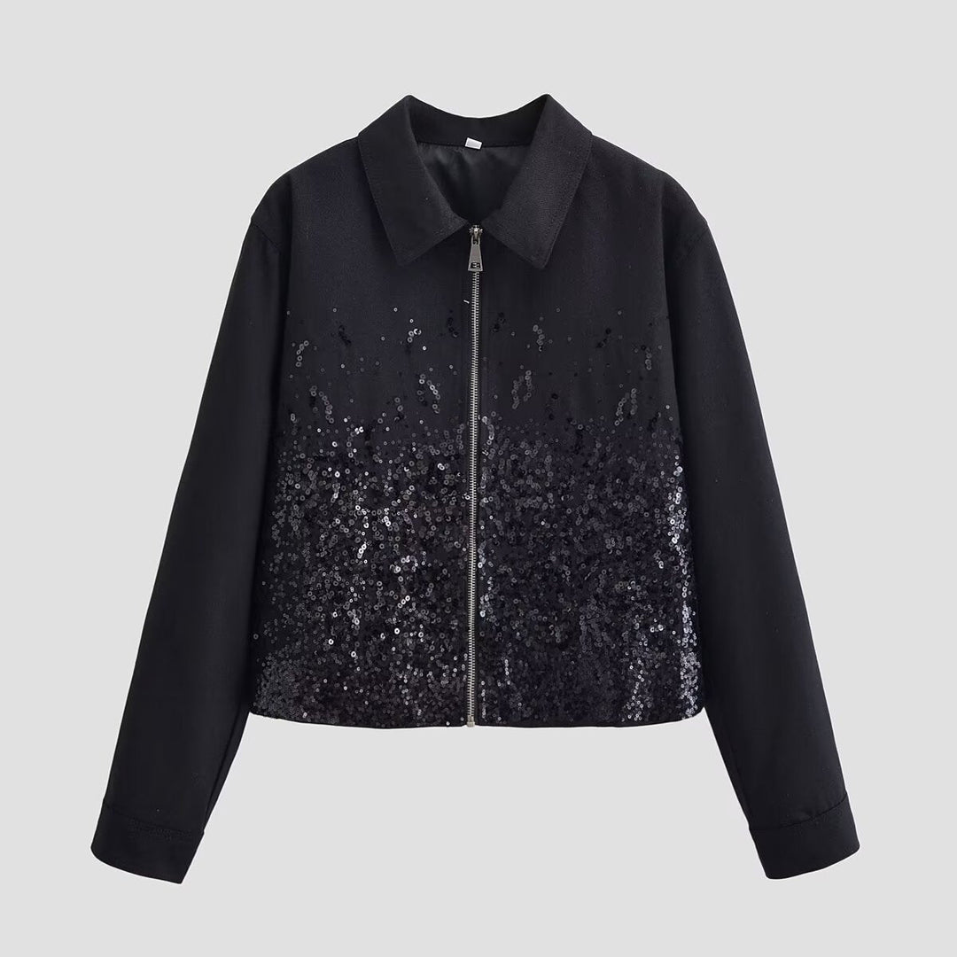 Dam Kort Jacka med Hel-Length Dragkedja och Gradient Sequin Kant