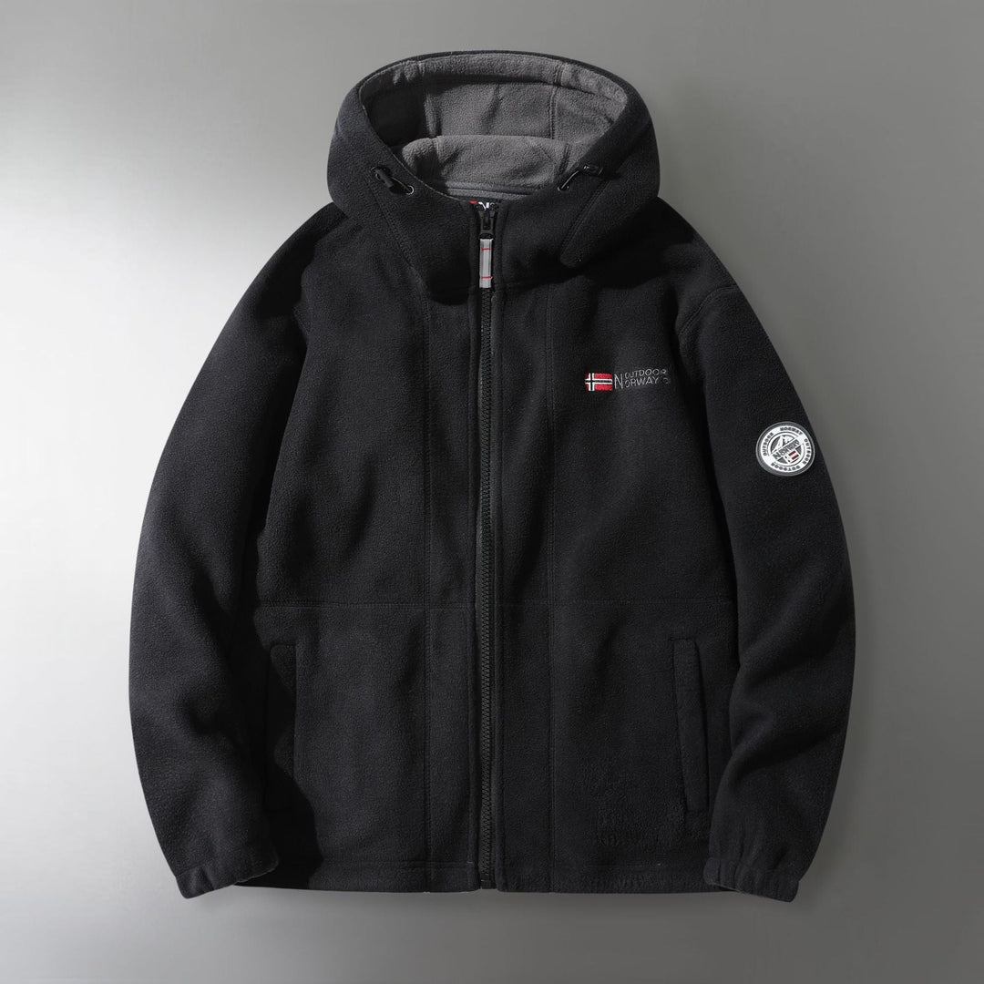 Herr Microfleece Utomhus Jacka med Huva, Wind-Resistant Structure och Logo Patch