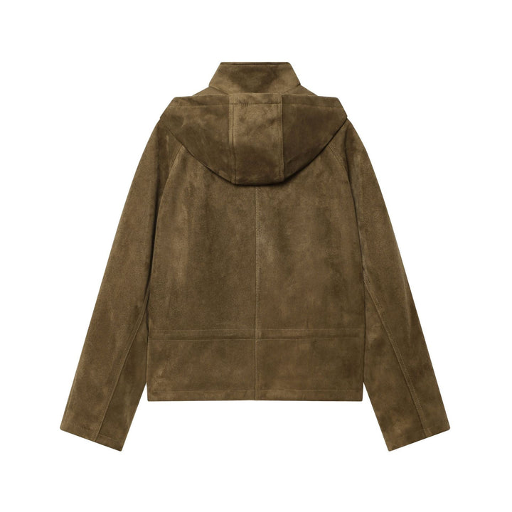 Dam kort mocka imitation parka med huva, hög krage och drawstring waist