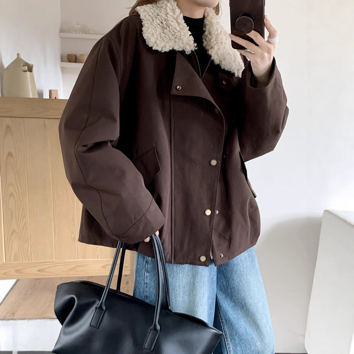 Dam oversize kort jacka med teddy krage och Flap fickor