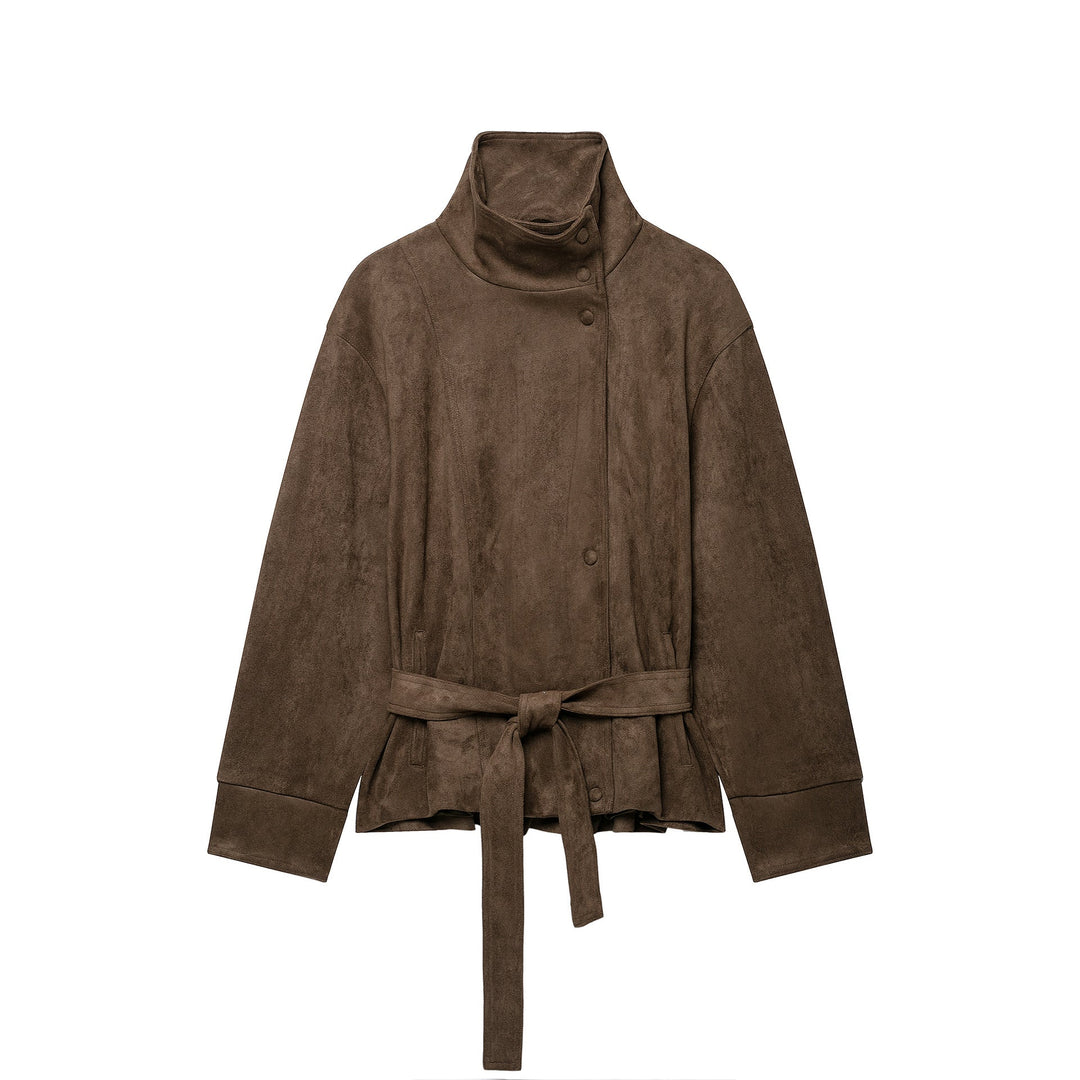 Dam Kort Suede Utilityjacka med Hög Stå Krage och Tie Belt