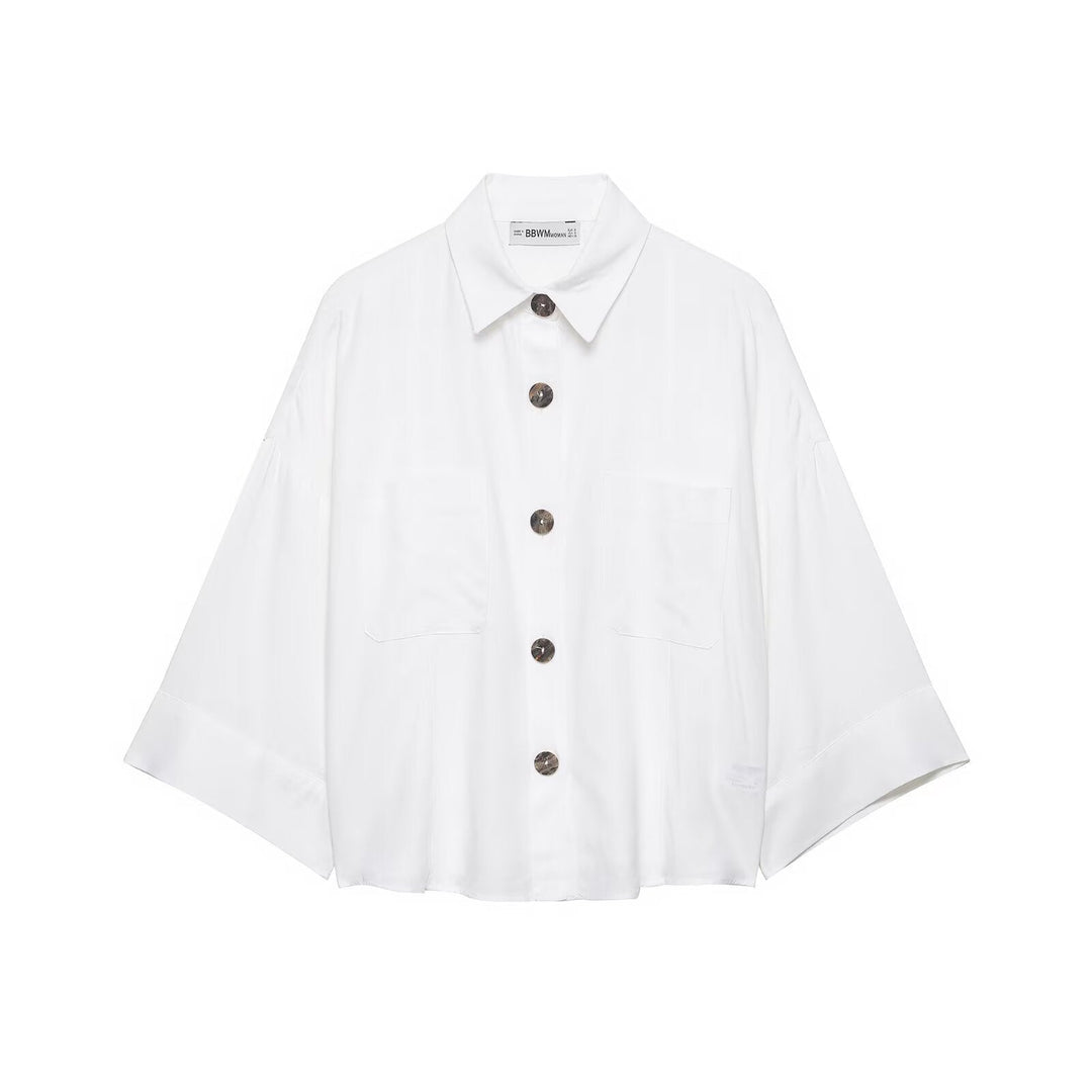 Dam Kort Oversize Skjortjacka med Kimono Ärmar och Dekorativ Knappar