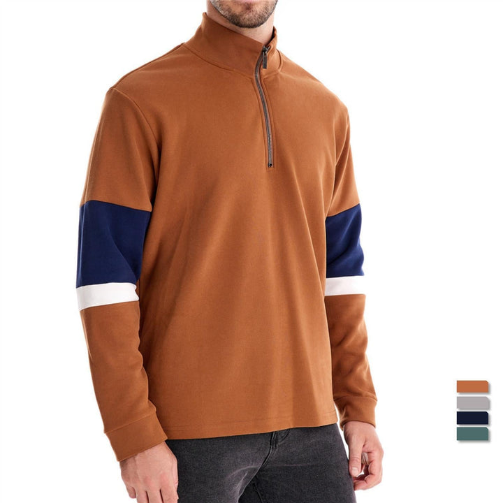 Herr Halv Dragkedja Pullover med Ståkrage, Randig Krage Inner Band och Contrast Ärmar