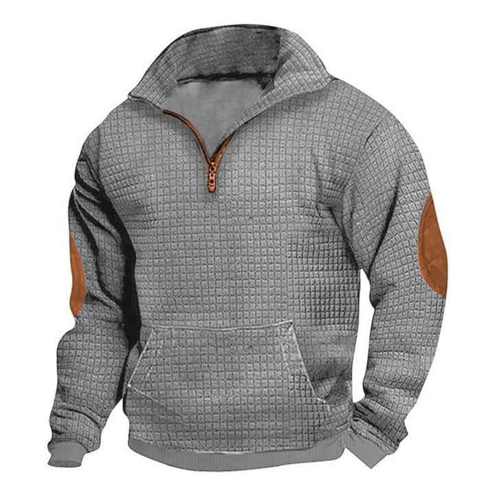 Herr Thermo-Regulating Waffle Stickad Halv Dragkedja Pullover med Känguruficka och Konstläder Elbow Lappar
