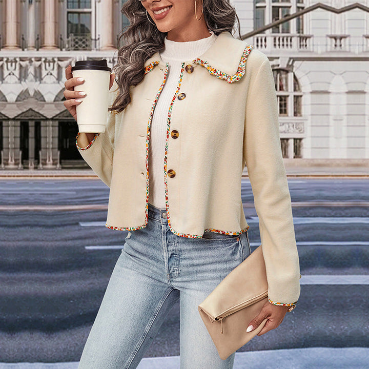 Dam Kort Jacka med Peter Pan Krage och Blommig Kant Decoration