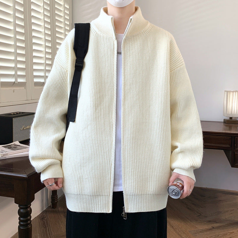 Herr Oversized Knit Zip Jacka med Hög Stående Krage och Fin Rib Structure