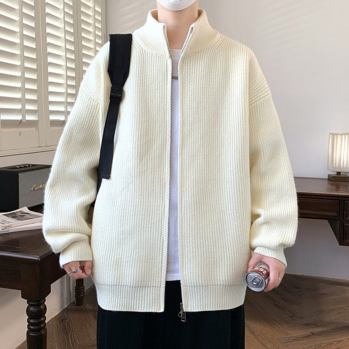 Herr Oversized Knit Zip Jacka med Hög Stående Krage och Fin Rib Structure