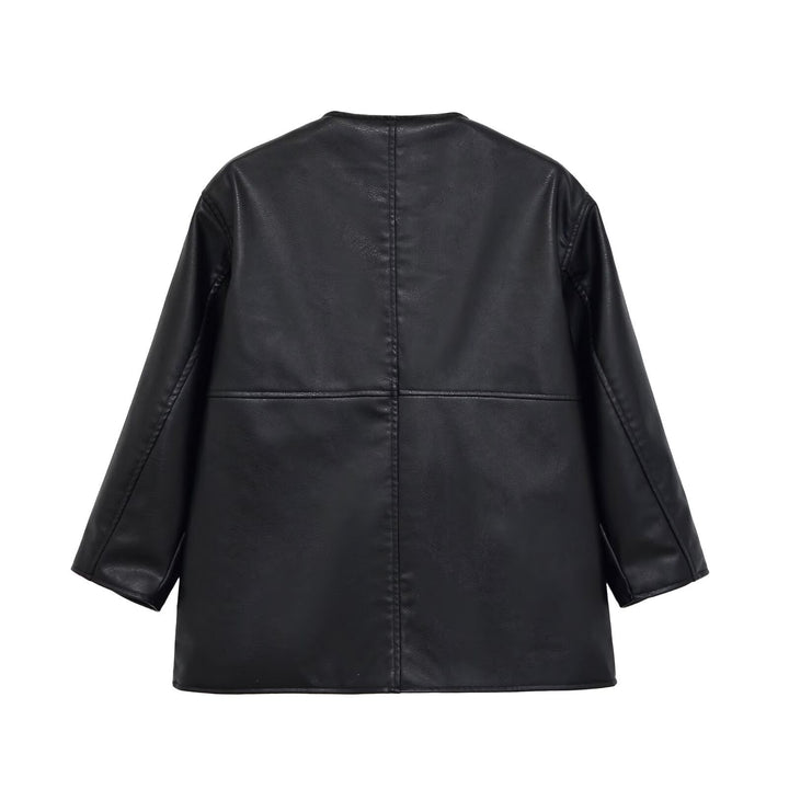 Dam Collarless Oversize Jacka i Konstläder med Round Neckline
