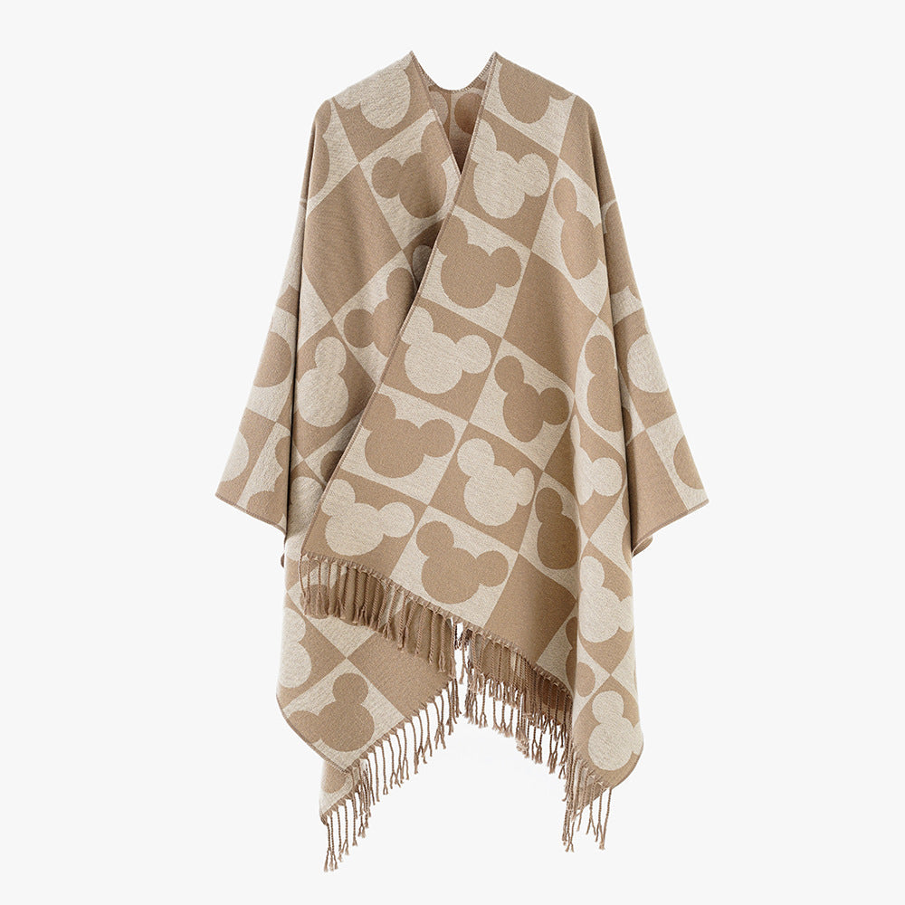 Dam Oversize Jacquard poncho med Graphic Head silhuett mönster och Fringes