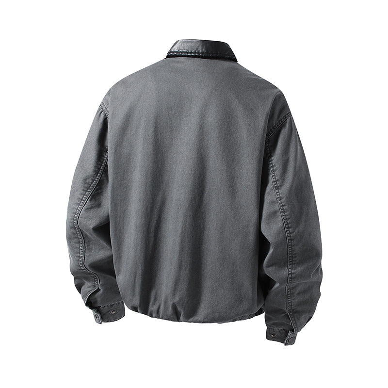 Herr Boxig-Denim Overskjortjacka med Läder Krage, Bröstficka med Dragkedja &amp; Elastisk Fåll