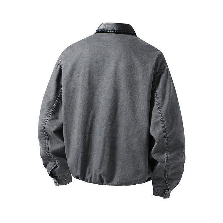 Herr Boxig-Denim Overskjortjacka med Läder Krage, Bröstficka med Dragkedja &amp; Elastisk Fåll