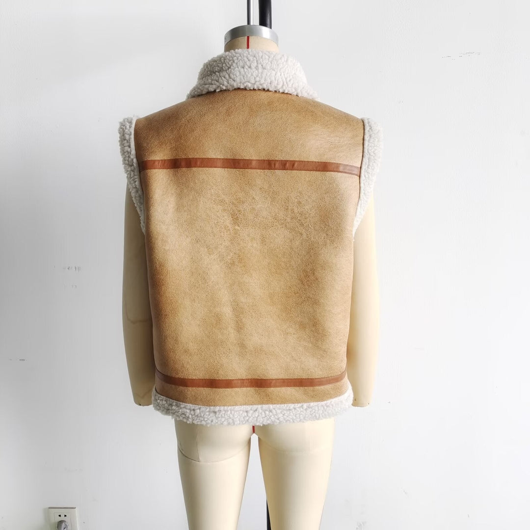 Dam vadderad lambskin imitation väst med stor Sherpa krage, dragkedja och sidofickor