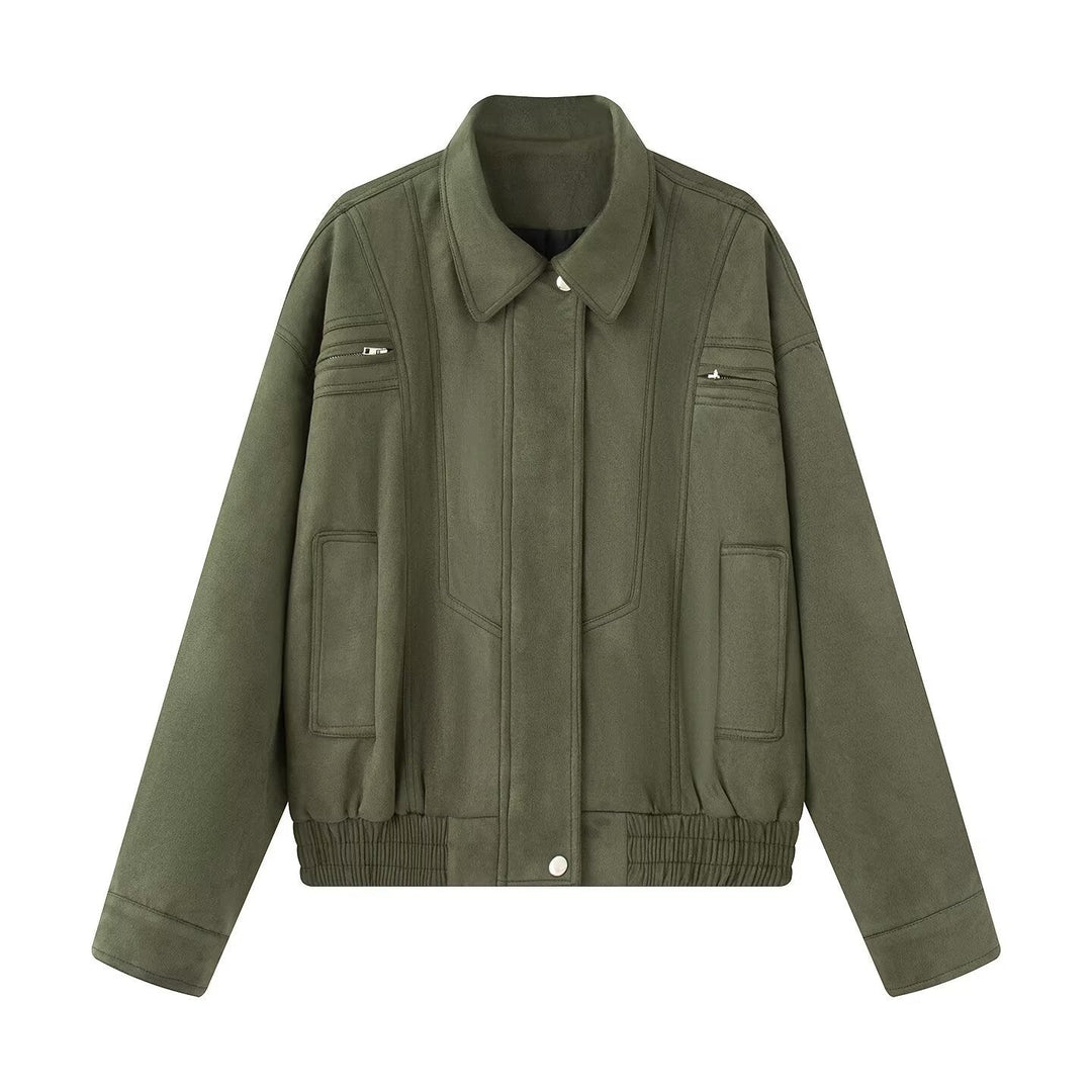 Dam 10+ Kort Skärning Velour Blouson Jacka med Elastic Nederkant, Lock Fickor, och Dragkedja Details