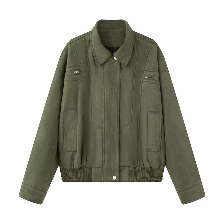 Dam 10+ Kort Skärning Velour Blouson Jacka med Elastic Nederkant, Lock Fickor, och Dragkedja Details