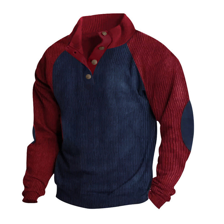 Herr Termisk Cord Pullover med Knapplist, Ståkrage, Raglanärmar, och Elbow Lappar