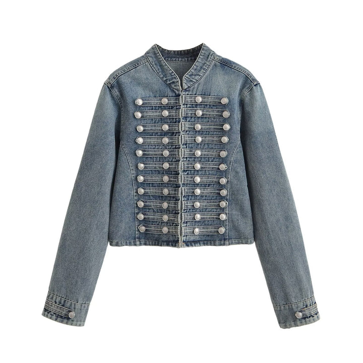 Dam Denimjacka i Military Stil med Stå Krage och Dekorativ Knapp Plackets