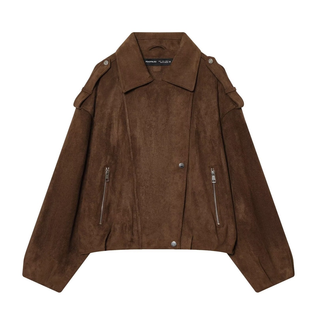 Dam Kort Suede Bikerjacka med Shoulder Flaps, Dragkedja Fickor och Boxig Silhuett